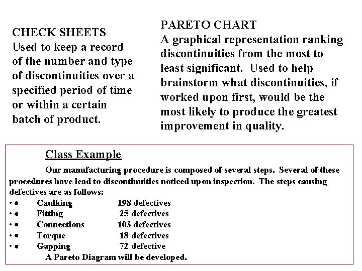 CHECK SHEETS Used to keep a record of the number and type of discontinuities