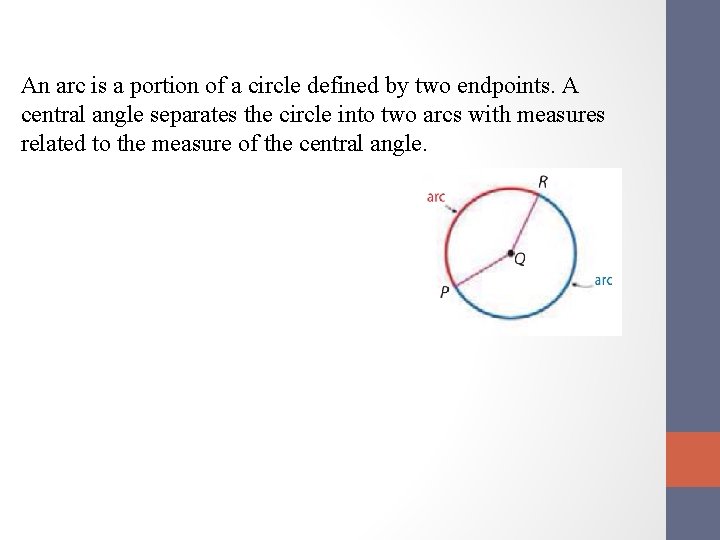 An arc is a portion of a circle defined by two endpoints. A central