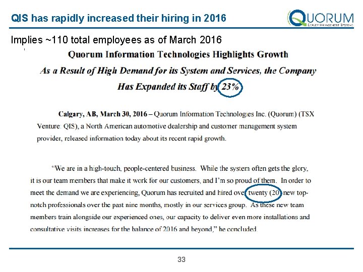 QIS has rapidly increased their hiring in 2016 Implies ~110 total employees as of