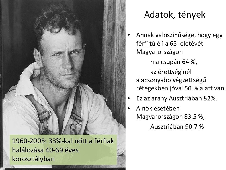 Adatok, tények • Annak valószínűsége, hogy egy férfi túléli a 65. életévét Magyarországon ma Adatok, tények • Annak valószínűsége, hogy egy férfi túléli a 65. életévét Magyarországon ma