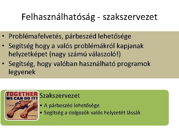 Felhasználhatóság - szakszervezet • Problémafelvetés, párbeszéd lehetősége • Segítség hogy a valós problémákról kapjanak Felhasználhatóság - szakszervezet • Problémafelvetés, párbeszéd lehetősége • Segítség hogy a valós problémákról kapjanak