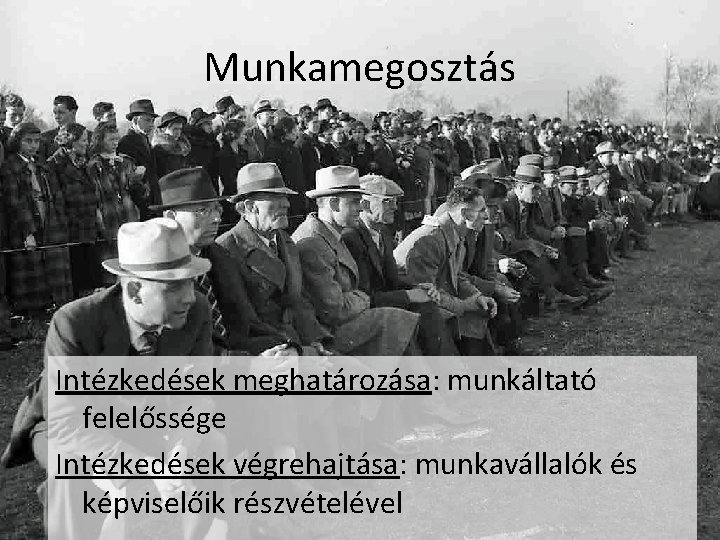 Munkamegosztás Intézkedések meghatározása: munkáltató felelőssége Intézkedések végrehajtása: munkavállalók és képviselőik részvételével Munkamegosztás Intézkedések meghatározása: munkáltató felelőssége Intézkedések végrehajtása: munkavállalók és képviselőik részvételével