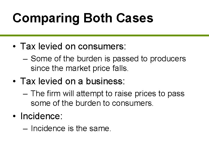 Comparing Both Cases • Tax levied on consumers: – Some of the burden is