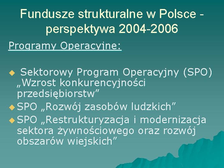 Fundusze strukturalne w Polsce perspektywa 2004 -2006 Programy Operacyjne: Sektorowy Program Operacyjny (SPO) „Wzrost