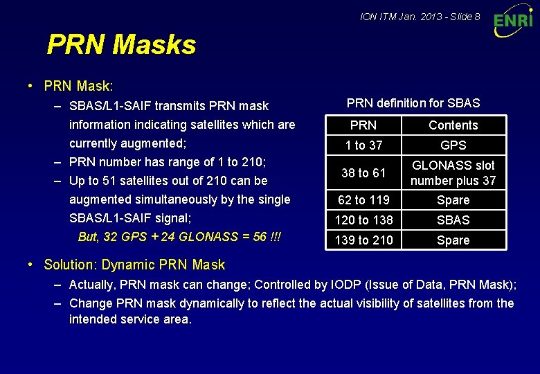 ION ITM Jan. 2013 - Slide 8 PRN Masks • PRN Mask: – SBAS/L