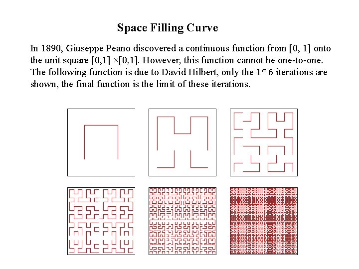 Space Filling Curve In 1890, Giuseppe Peano discovered a continuous function from [0, 1]