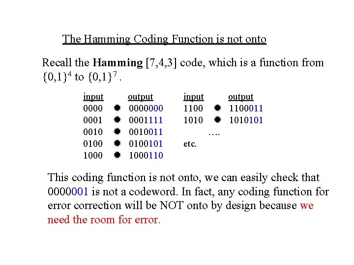 The Hamming Coding Function is not onto Recall the Hamming [7, 4, 3] code,