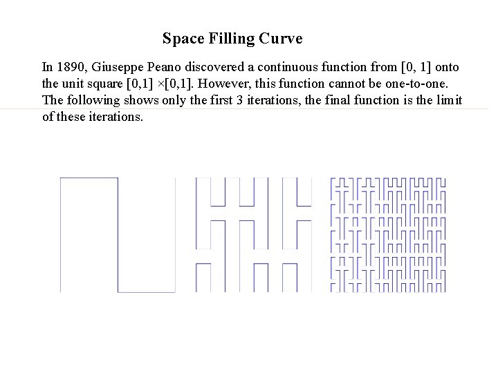 Space Filling Curve In 1890, Giuseppe Peano discovered a continuous function from [0, 1]