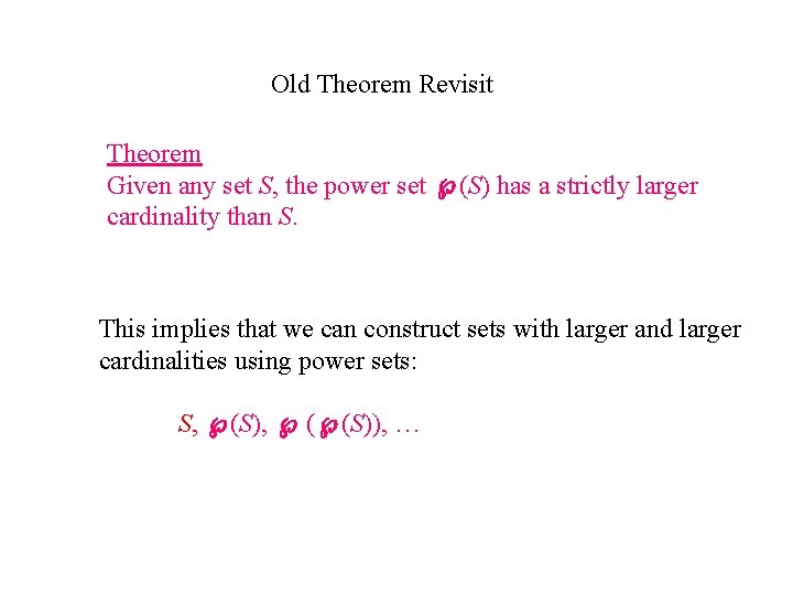 Old Theorem Revisit Theorem Given any set S, the power set (S) has a Old Theorem Revisit Theorem Given any set S, the power set (S) has a