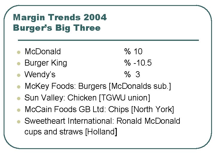 Margin Trends 2004 Burger’s Big Three l l l l Mc. Donald % 10