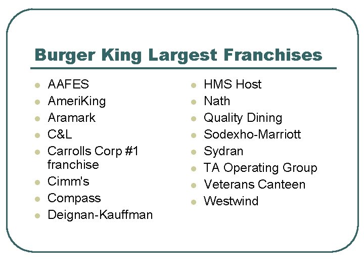 Burger King Largest Franchises l l l l AAFES Ameri. King Aramark C&L Carrolls