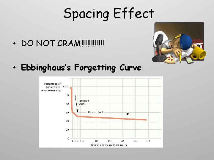 Spacing Effect • DO NOT CRAM!!!!!! • Ebbinghaus’s Forgetting Curve 