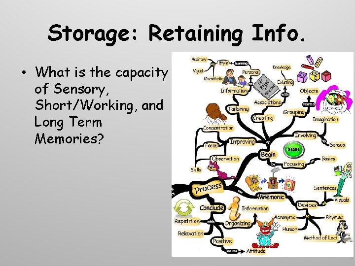 Storage: Retaining Info. • What is the capacity of Sensory, Short/Working, and Long Term