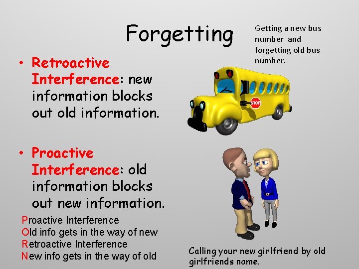 Forgetting • Retroactive Interference: new information blocks out old information. Getting a new bus