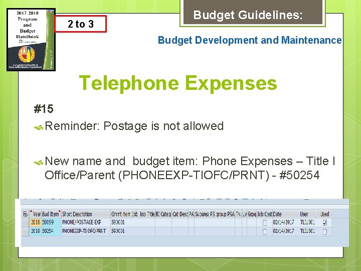 2 to 3 Budget Guidelines: Budget Development and Maintenance Telephone Expenses #15 Reminder: Postage