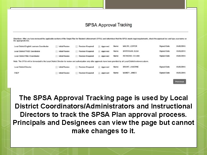 The SPSA Approval Tracking page is used by Local District Coordinators/Administrators and Instructional Directors