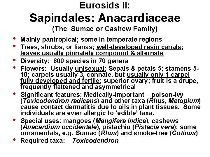 Eurosids II: Sapindales: Anacardiaceae (The Sumac or Cashew Family) • • Mainly pantropical; some