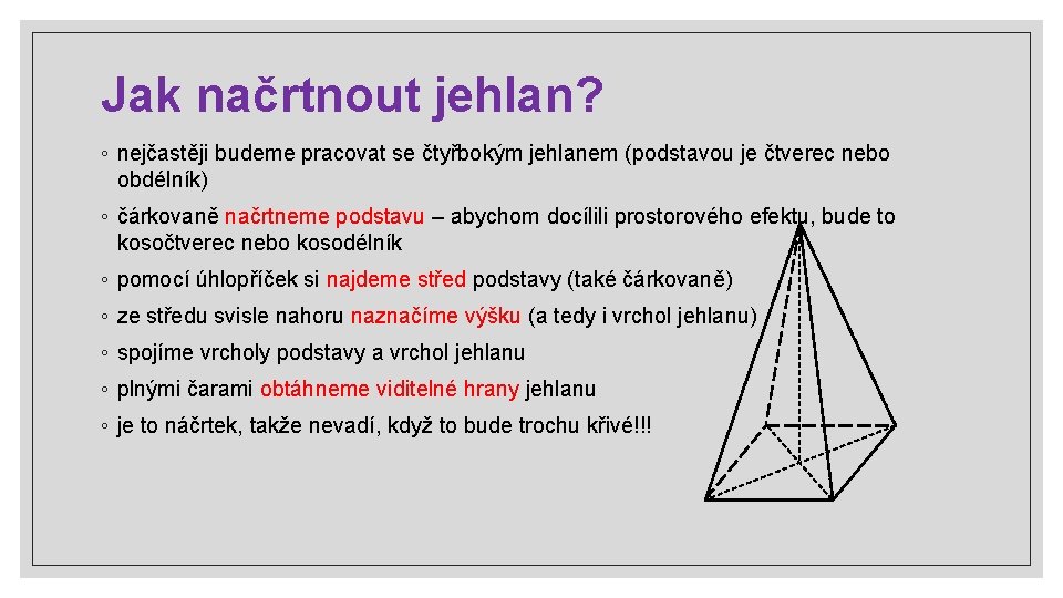 Jak načrtnout jehlan? ◦ nejčastěji budeme pracovat se čtyřbokým jehlanem (podstavou je čtverec nebo