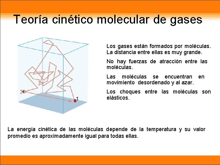 Teoría cinético molecular de gases Los gases están formados por moléculas. La distancia entre