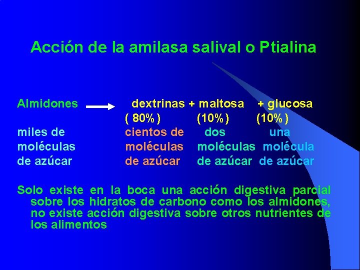 Acción de la amilasa salival o Ptialina Almidones miles de moléculas de azúcar dextrinas