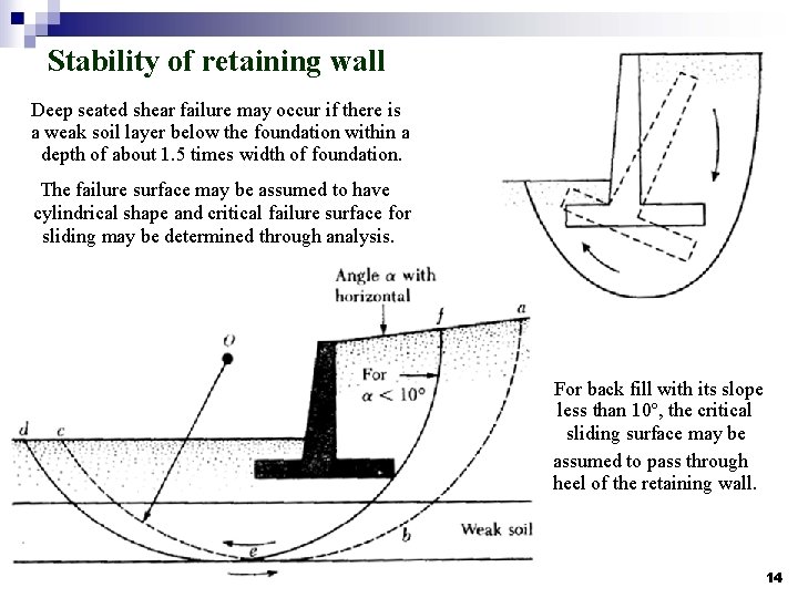 Stability of retaining wall Deep seated shear failure may occur if there is a