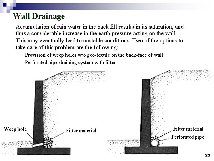 Wall Drainage Accumulation of rain water in the back fill results in its saturation,