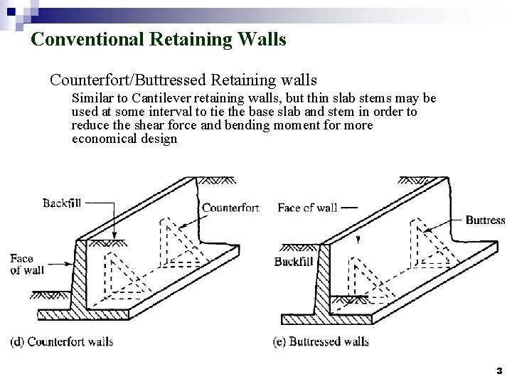 Conventional Retaining Walls Counterfort/Buttressed Retaining walls Similar to Cantilever retaining walls, but thin slab