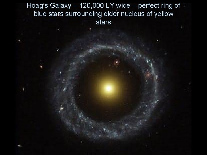 Hoag’s Galaxy – 120, 000 LY wide – perfect ring of blue stars surrounding