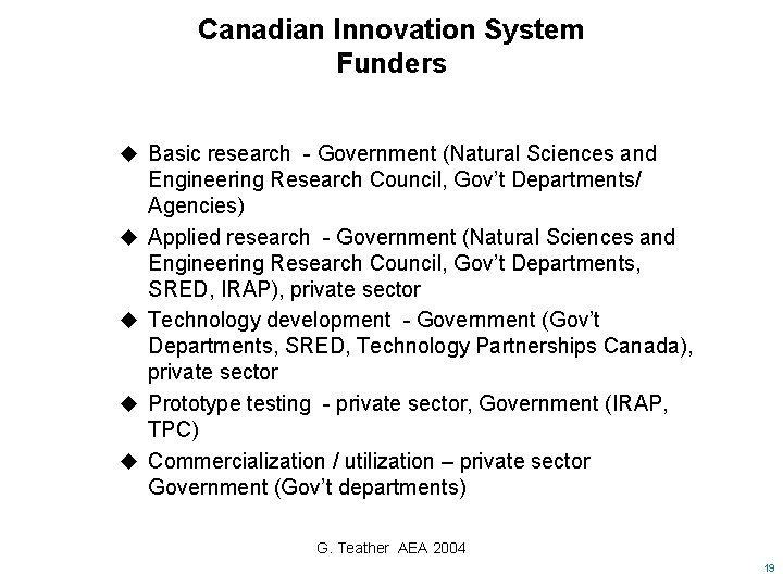 Canadian Innovation System Funders u Basic research - Government (Natural Sciences and u u