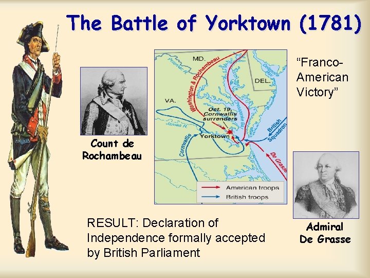 The Battle of Yorktown (1781) “Franco. American Victory” Count de Rochambeau RESULT: Declaration of The Battle of Yorktown (1781) “Franco. American Victory” Count de Rochambeau RESULT: Declaration of