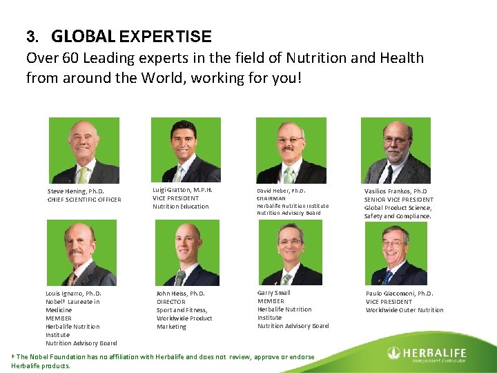 3. GLOBAL EXPERTISE Over 60 Leading experts in the field of Nutrition and Health