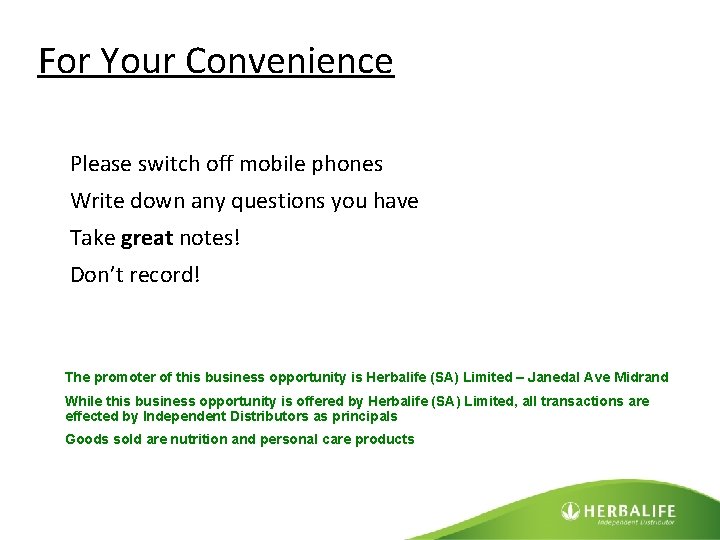Welcome To For Your Convenience Please Switch Off