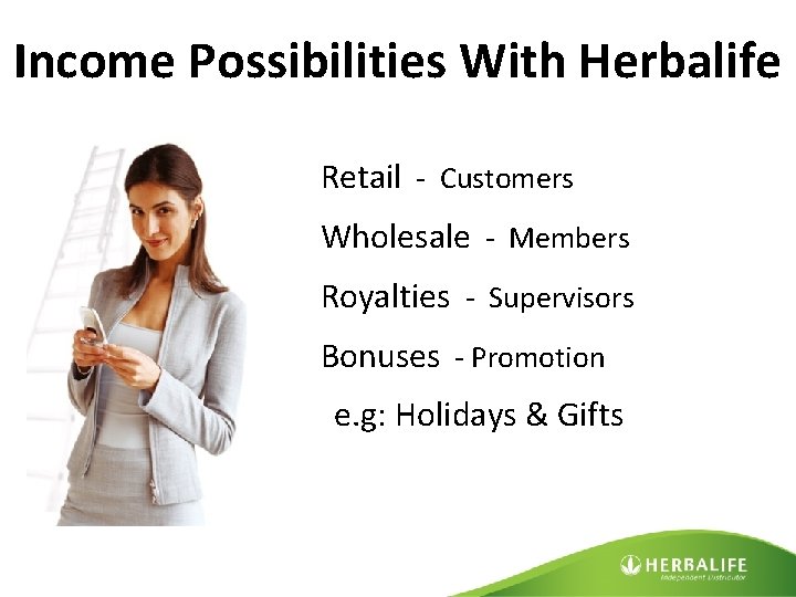 Income Possibilities With Herbalife Retail - Customers Wholesale - Members Royalties - Supervisors Bonuses