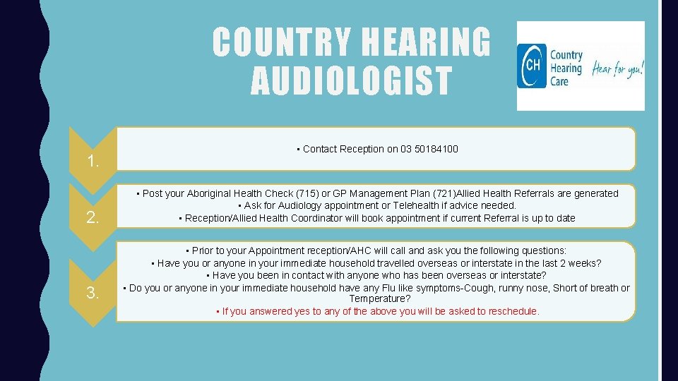 COUNTRY HEARING AUDIOLOGIST 1. 2. 3. • Contact Reception on 03 50184100 • Post