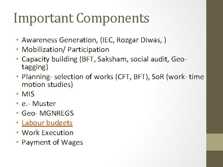 Important Components • Awareness Generation, (IEC, Rozgar Diwas, ) • Mobilization/ Participation • Capacity