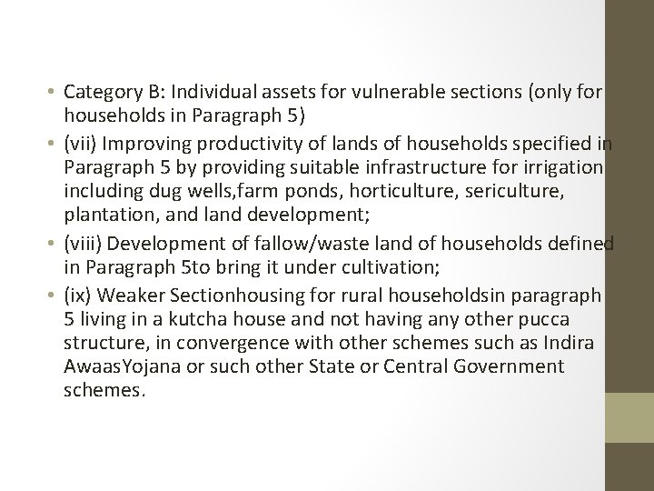  • Category B: Individual assets for vulnerable sections (only for households in Paragraph