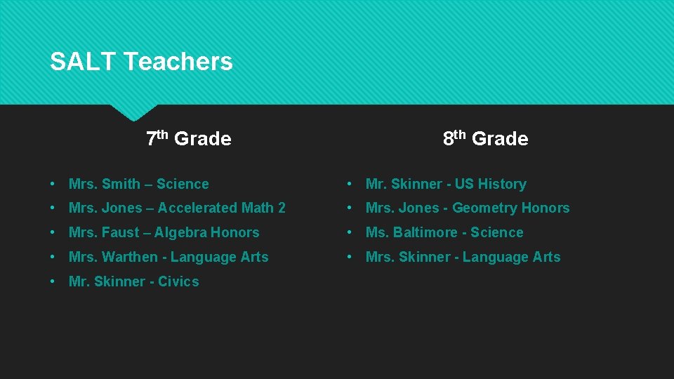 SALT Teachers 7 th Grade 8 th Grade • Mrs. Smith – Science •