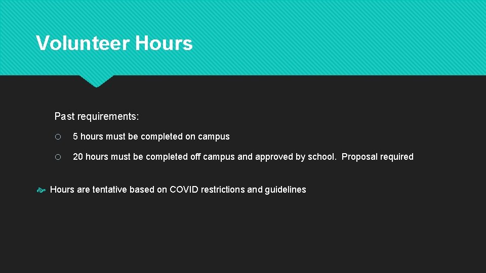 Volunteer Hours Past requirements: o 5 hours must be completed on campus o 20