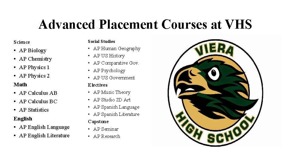 Advanced Placement Courses at VHS Science Social Studies • AP Biology • AP Chemistry