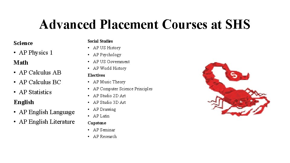 Advanced Placement Courses at SHS Science • AP Physics 1 Math • AP Calculus