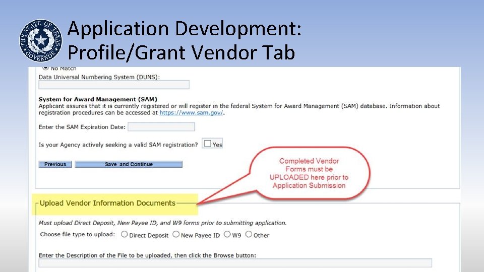 Application Development: Profile/Grant Vendor Tab 