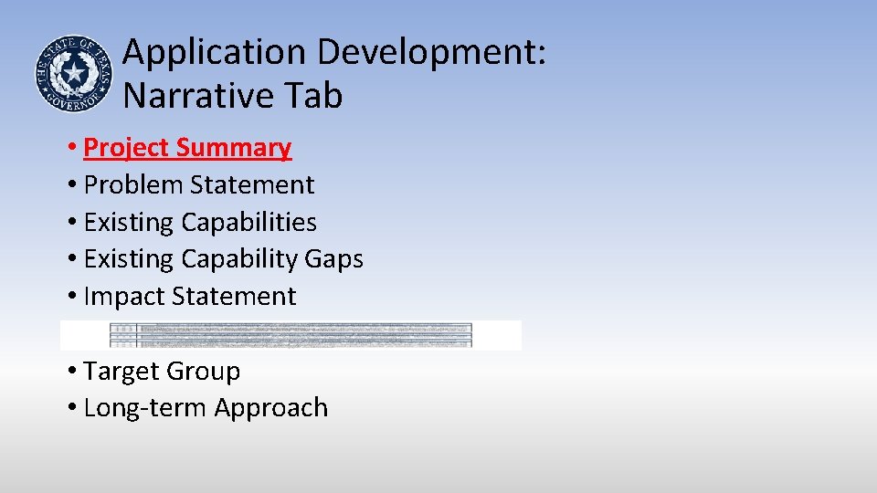 Application Development: Narrative Tab • Project Summary • Problem Statement • Existing Capabilities •