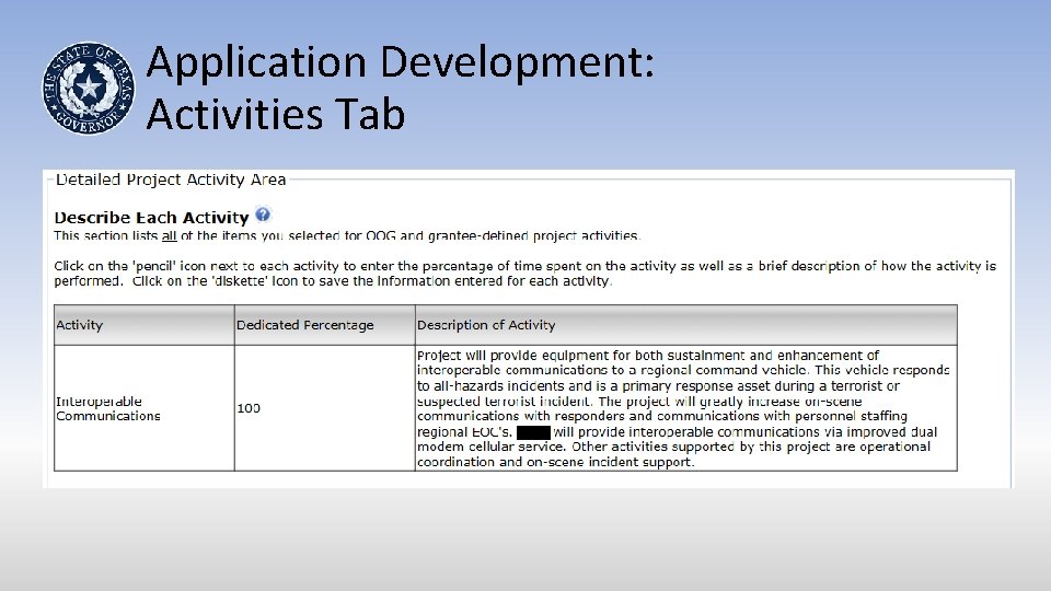 Application Development: Activities Tab 