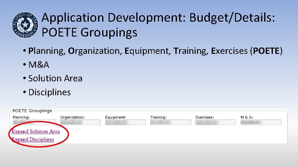 Application Development: Budget/Details: POETE Groupings • Planning, Organization, Equipment, Training, Exercises (POETE) • M&A