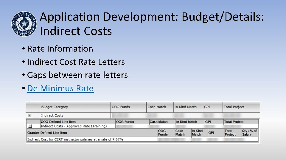 Application Development: Budget/Details: Indirect Costs • Rate Information • Indirect Cost Rate Letters •
