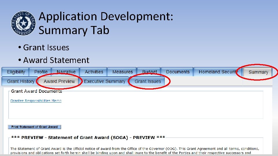 Application Development: Summary Tab • Grant Issues • Award Statement 