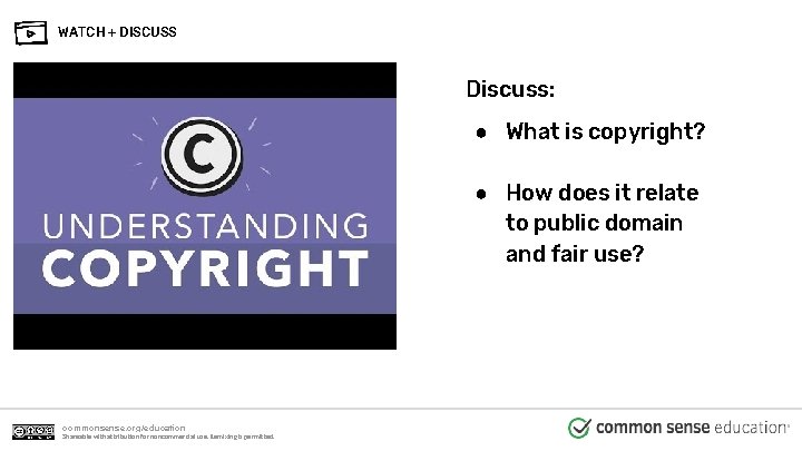 WATCH + DISCUSS Discuss: ● What is copyright? ● How does it relate to