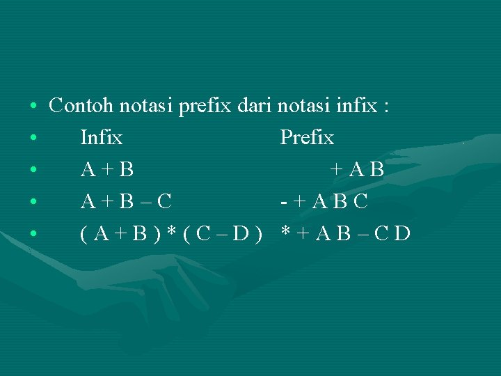  • Contoh notasi prefix dari notasi infix : • Infix Prefix • A+B