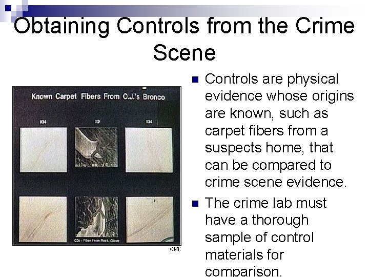 Obtaining Controls from the Crime Scene n n Controls are physical evidence whose origins