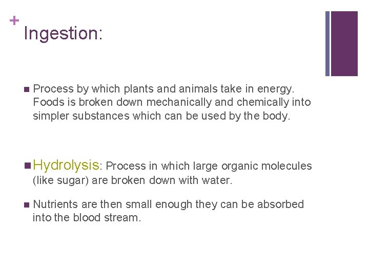 + Ingestion: n Process by which plants and animals take in energy. Foods is